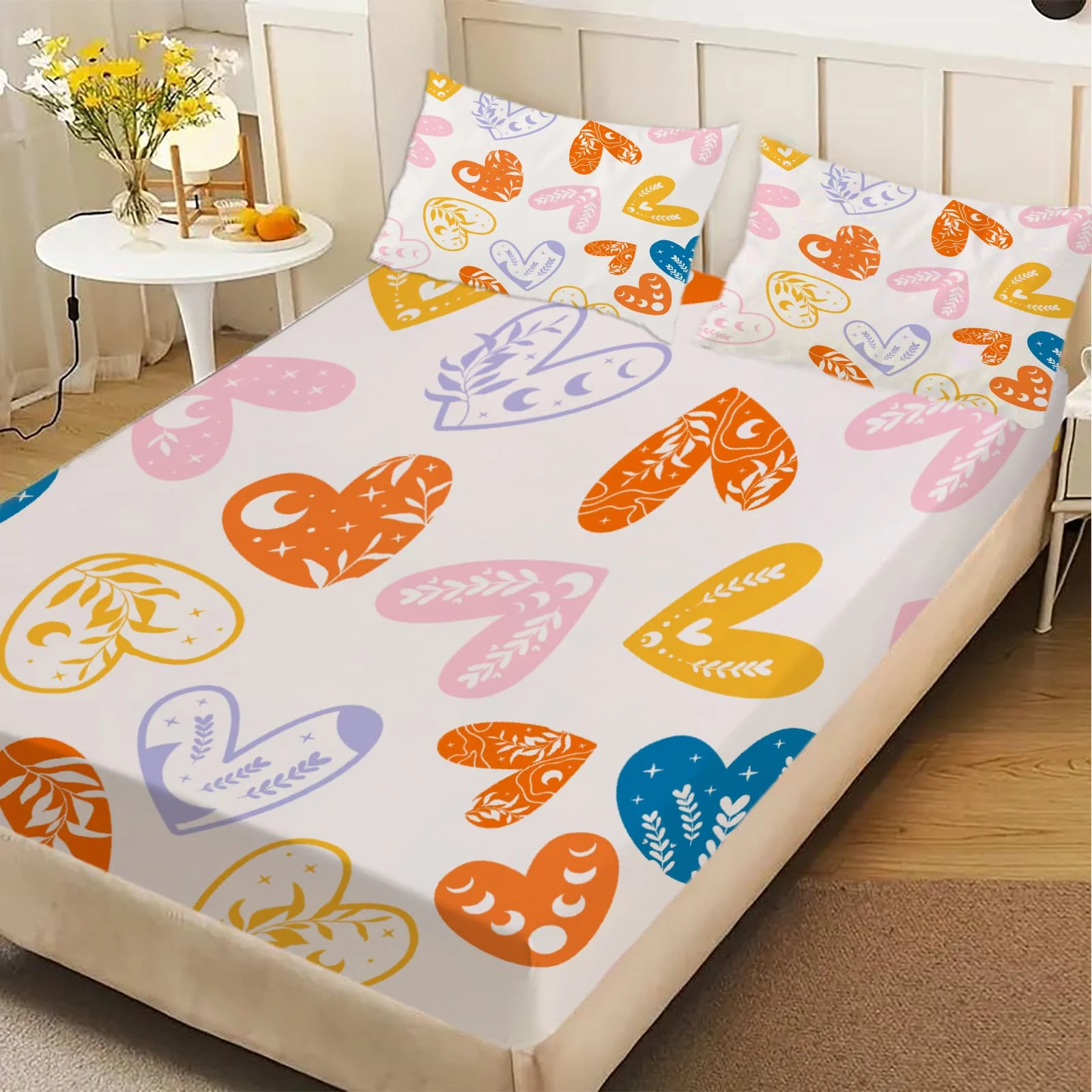 1-Pc Bohemian Heart Colorful Moon & Leaf -100% Polyester, Digital Print, Breathable All-Season Fitted Sheet and Pillowcase Set