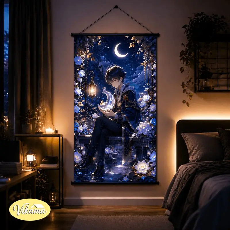 VIKAMA Magic Castle Tapestry Full Moon Owl Starry Sky Hogwarts Style Fantasy Anime Art Polyester Wall Hanging Bedroom Dorm Decor
