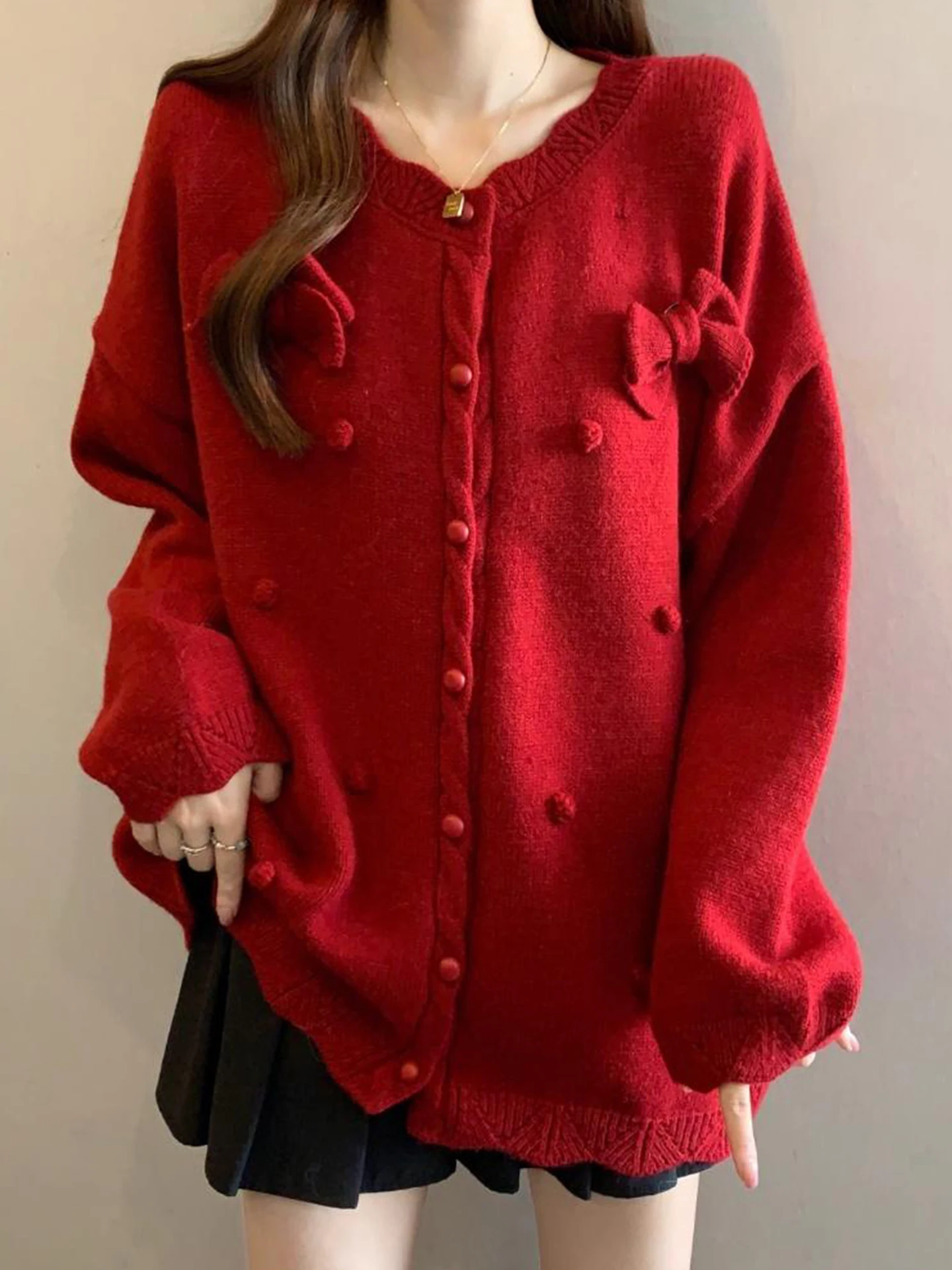 

Red Knitted Sweater Women's Autumn Winter Medium Length Cardigan Cisas New Year Aosphere Sensation plus Size MM High En...
