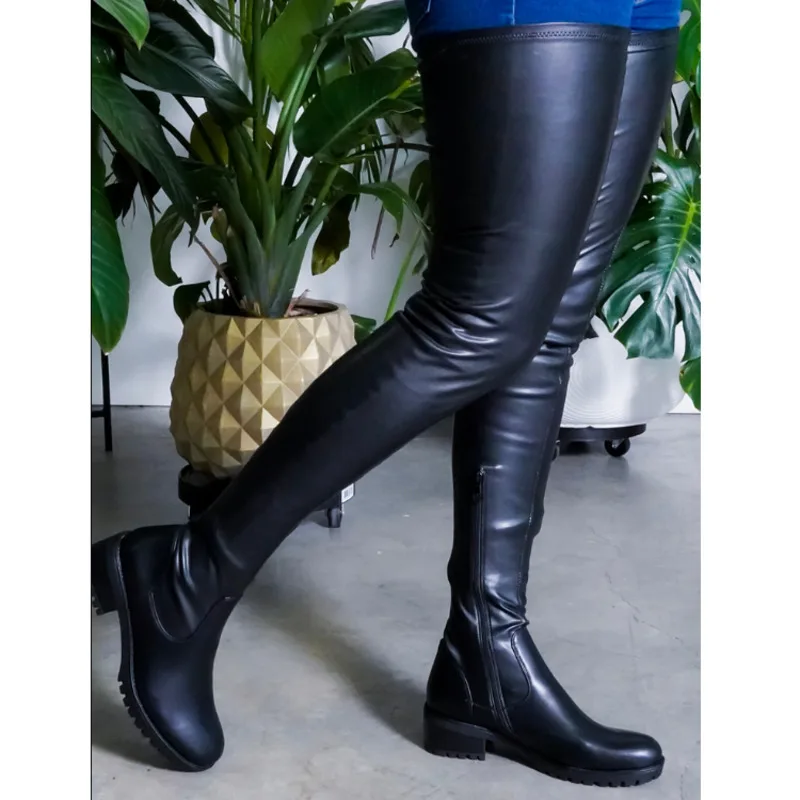 Women Boots 2024 New Winter Black Big Size 47 Over The Knee Boots Pu Leather Low Heel Thigh High Boots Ladies Comfortable Shoes