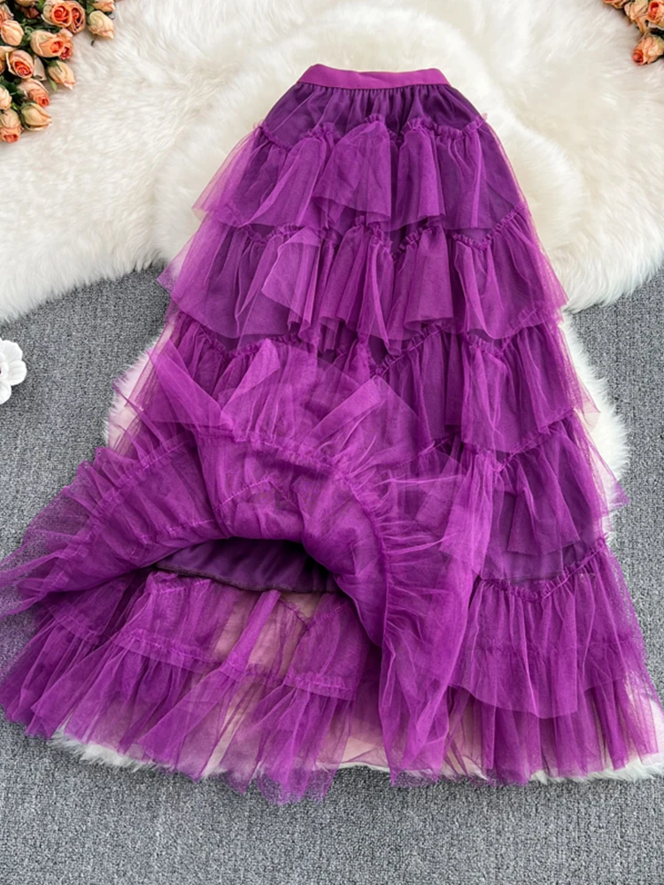 Tutu Tulle Long Skirts Womens 2024 Spring Korean Solid A Line High Waist Mesh Tiered Maxi Skirt Female Faldas Aesthetic