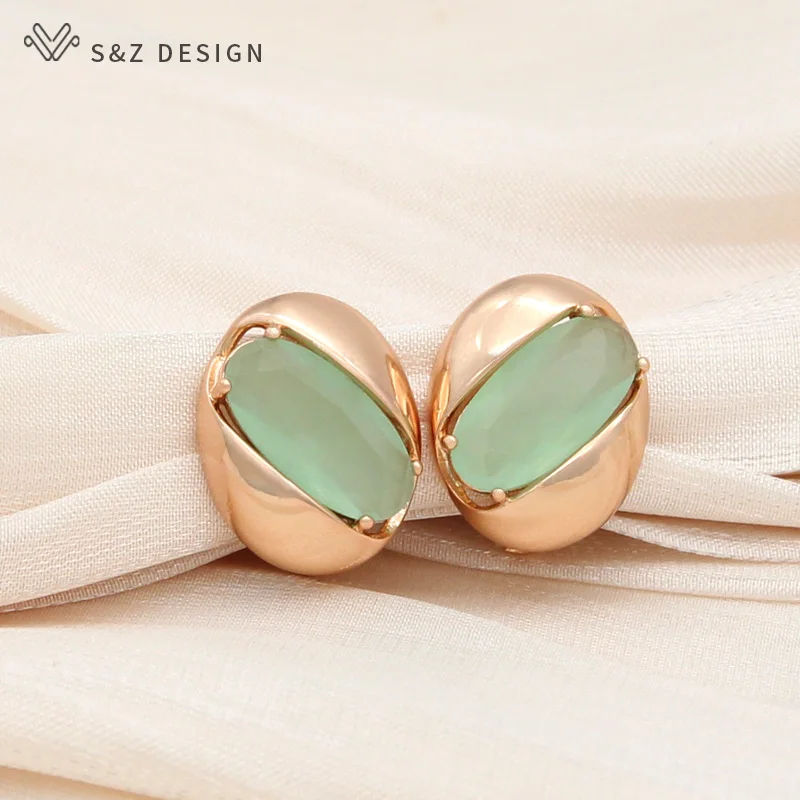 

S&Z DESIGN New Fashion Egg Shape Smooth Metal Drop Earrings Green Oval Crystal For Women Wedding 585 Rose Gold Color Jewelry