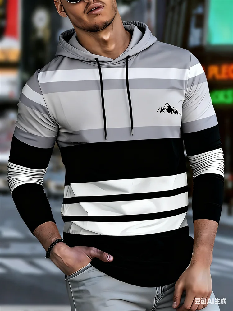 

Autumn Classic Men's Hoodies Polyester Long Sleeve Hooded Sweatshirts Top 3D Stripe Printed Street Loose Male Oversized Clothing