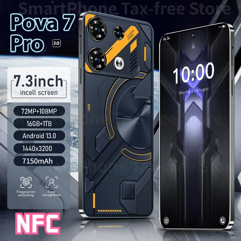 

Original 5G Mobile Phone Pova 7 Pro Smartphone 7.3 HD Screen 16G+1TB 7150Mah 72MP OTG Android13 Dual SIM Face Unlocked Cellphone