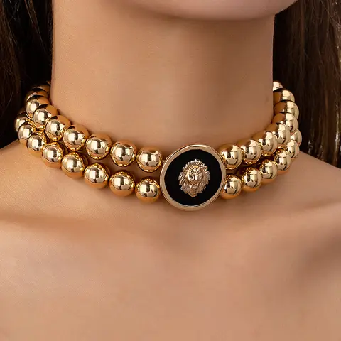 Vintage Lion Head Colored Enamel Choker Necklace for Women Wedding Hip-hop Gold-plated Beads Necklace Charm Jewelry Gifts