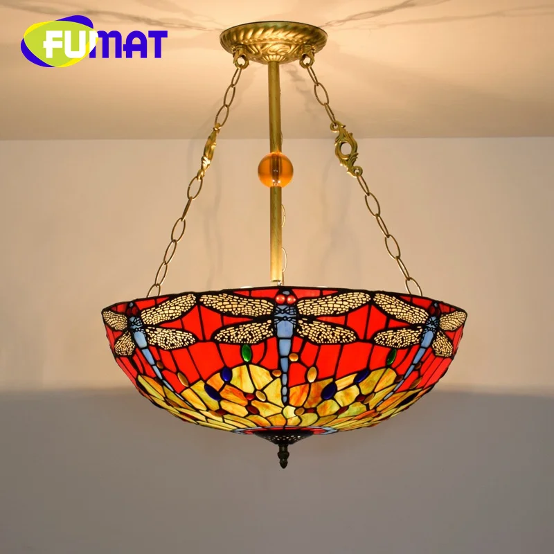 FUMAT Tiffany 20 inch upside-down pendant light beauty style red dragonfly  living room Dining Room bedroom hanging bowl light