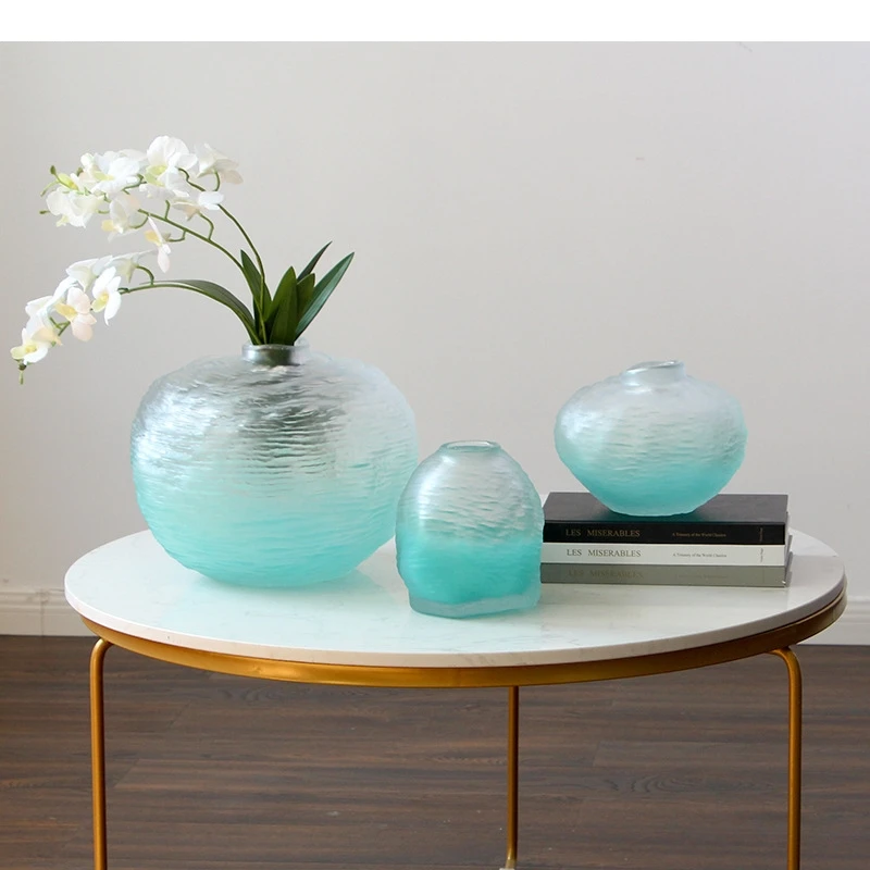 Gradient Blue Frosted Glass Vase Plant Pots Table Decoration Creative Flowers Arrangement Floral Vases Room Aesthetic Decor