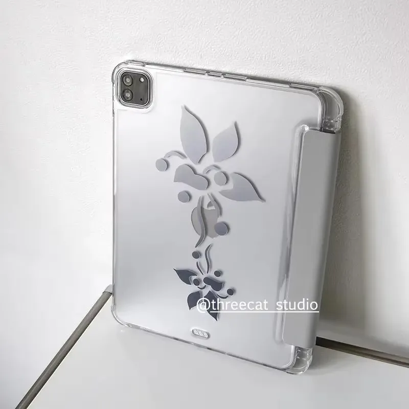 Ins Grey Gradient Floral Y2K Tri-Fold Cover For iPad Pro 13 11th M5 M4 12.9 A16 10 8 7 9th 10th Air 11 M2 M3 Mini Tablet Case