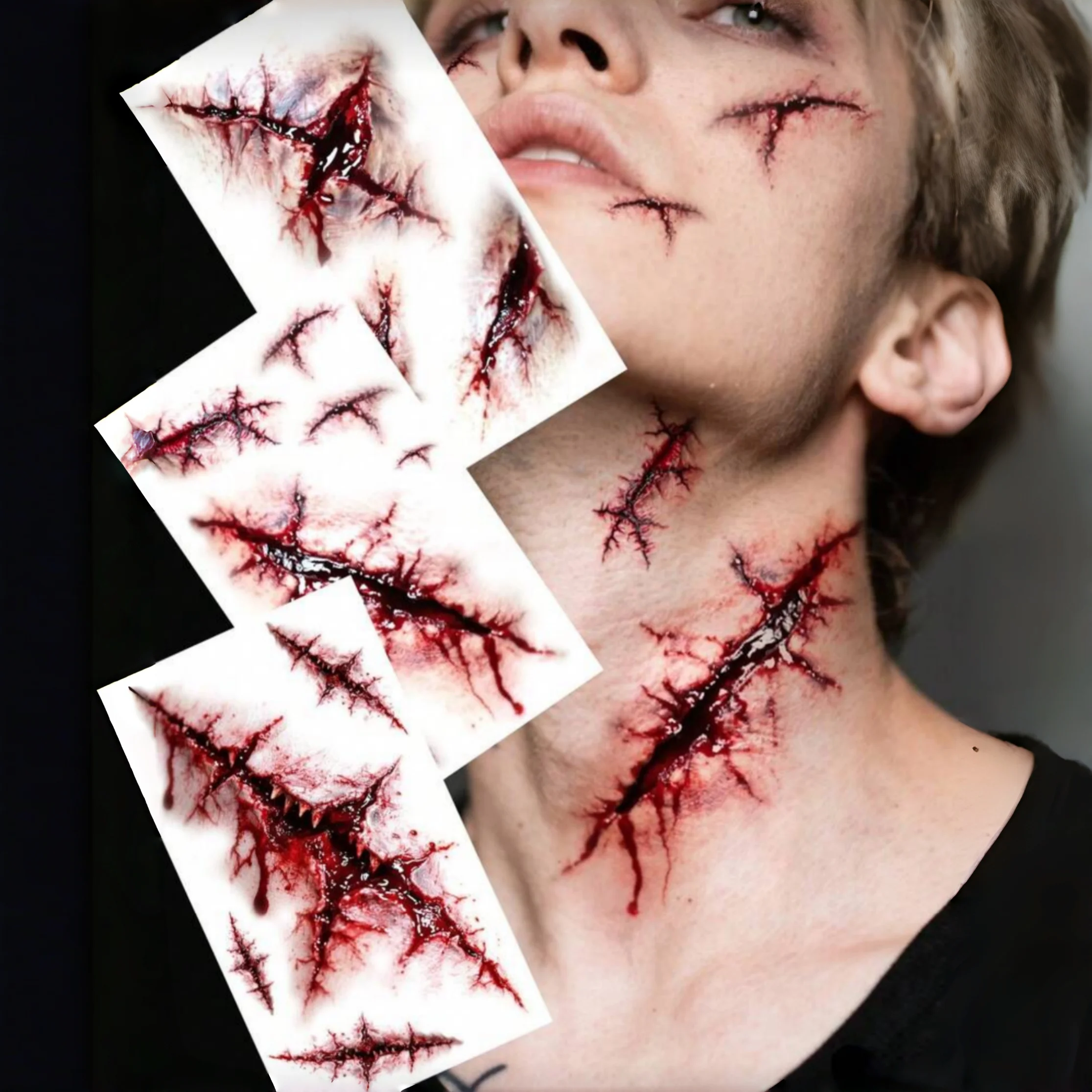 Paquete de 3 pegatinas de tatuajes temporales de cicatrices de zombis de Halloween, pegatinas de tatuajes de cicatrices cosidas con efecto de sangre falsa, pegatinas de tatuajes impermeables para cuerpo y rostro, adecuadas para fiestas de disfraces, maquillaje, bromas y otras ocasiones