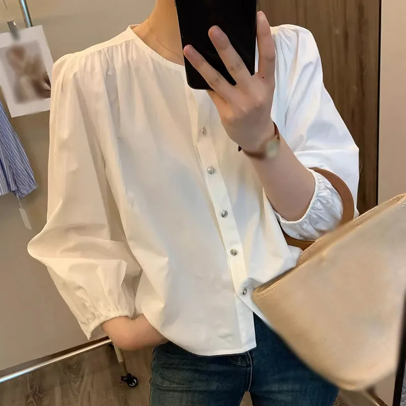 Striped Round Neck Love Buttons Long Sleeve Shirt Spring Summer Women Elegant Long Sleeve Blouse Casual Fashion Versatile Shirt