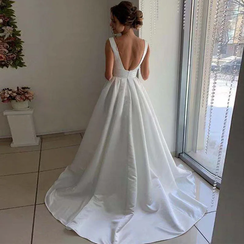Customized V-Neck Court Train Women Wedding Dresses Simple Bridal Gowns Back V Vestido De Noiva robe de mariée Abendkleider
