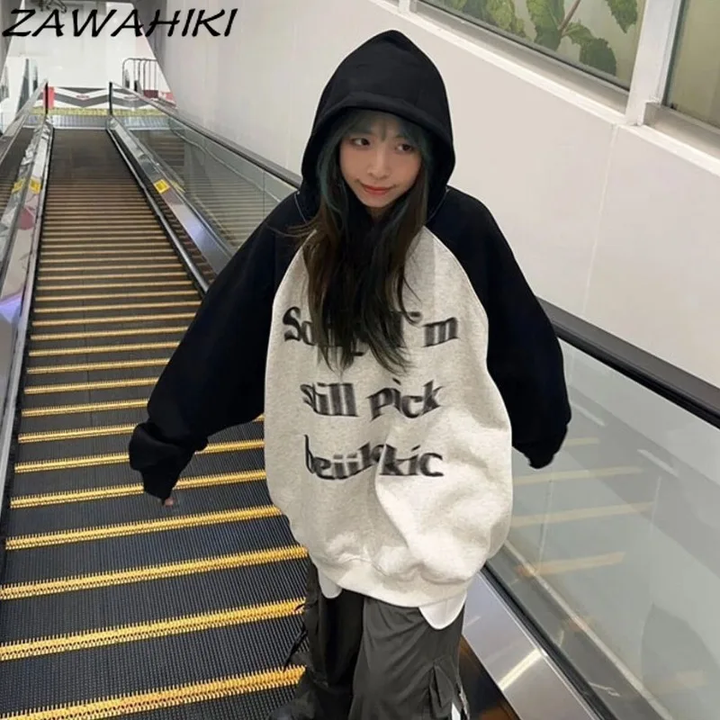 

ZAWAHIKI Hoodies Women American Retro Patchwork Contrast Color Letter Print Spring Fall Chic Designed High Street Sweatshirt