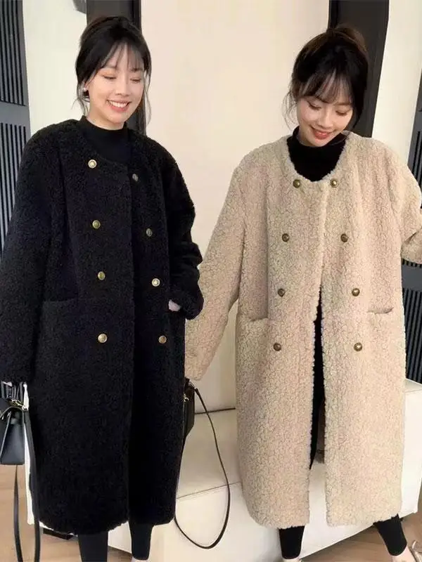 

Thickened Lamb Fur Jacket Women's Winter New Loose plus Size Mid-Length Warm Coat Korean Style Casual High Waist Polyester Fiber