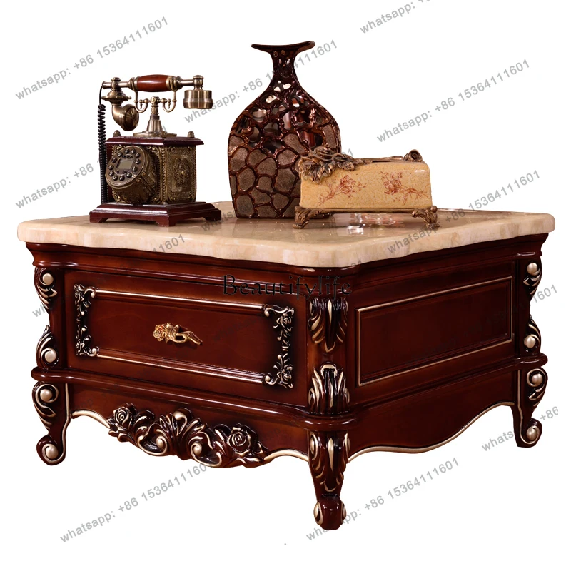 13Luxurious High-End European Style Corner Table Living Room Full Solid Wood Carved Gold-Embellished Natural Marble Square Table