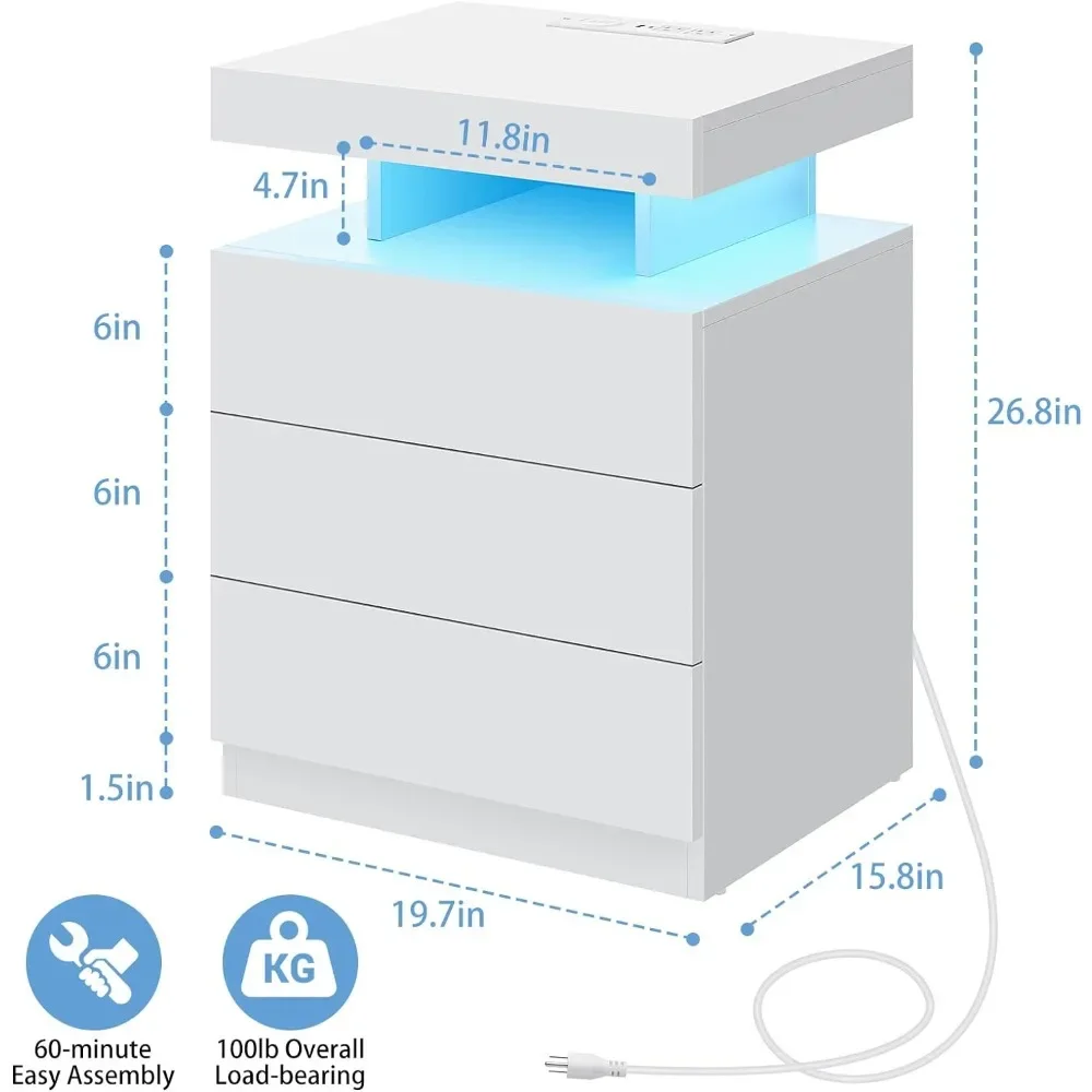 LED Nightstand with Wireless Charging Statio, 3 Drawers USB Port Type C, Modern Smart 26.8in High Gloss LED Nightstand