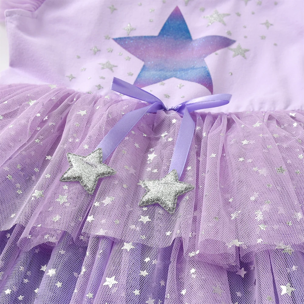 VIKITA Kleinkinder-Kleid mit glitzerndem Sternenmuster, Kinderkleid, lavendellila, Ombre-Tüll, Netzstoff, Rüschenärmel, Sommer, lässig, Party, Prinzessinnenkleid – Detail 8