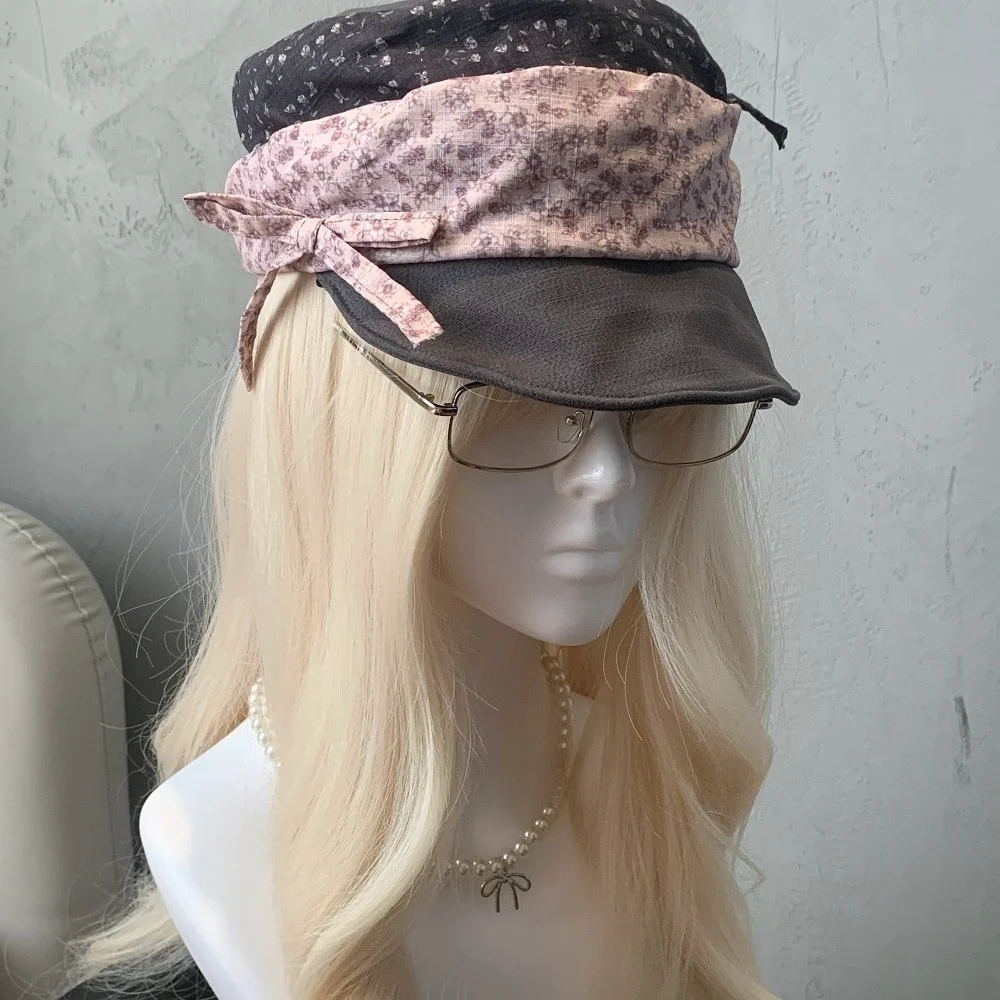 Korean Vintage Floral Patchwork Newsboy Cap Women Soft Layered Bow Tie Peaked Hat Retro Subcultural Streets Aesthetic Bucket Hat