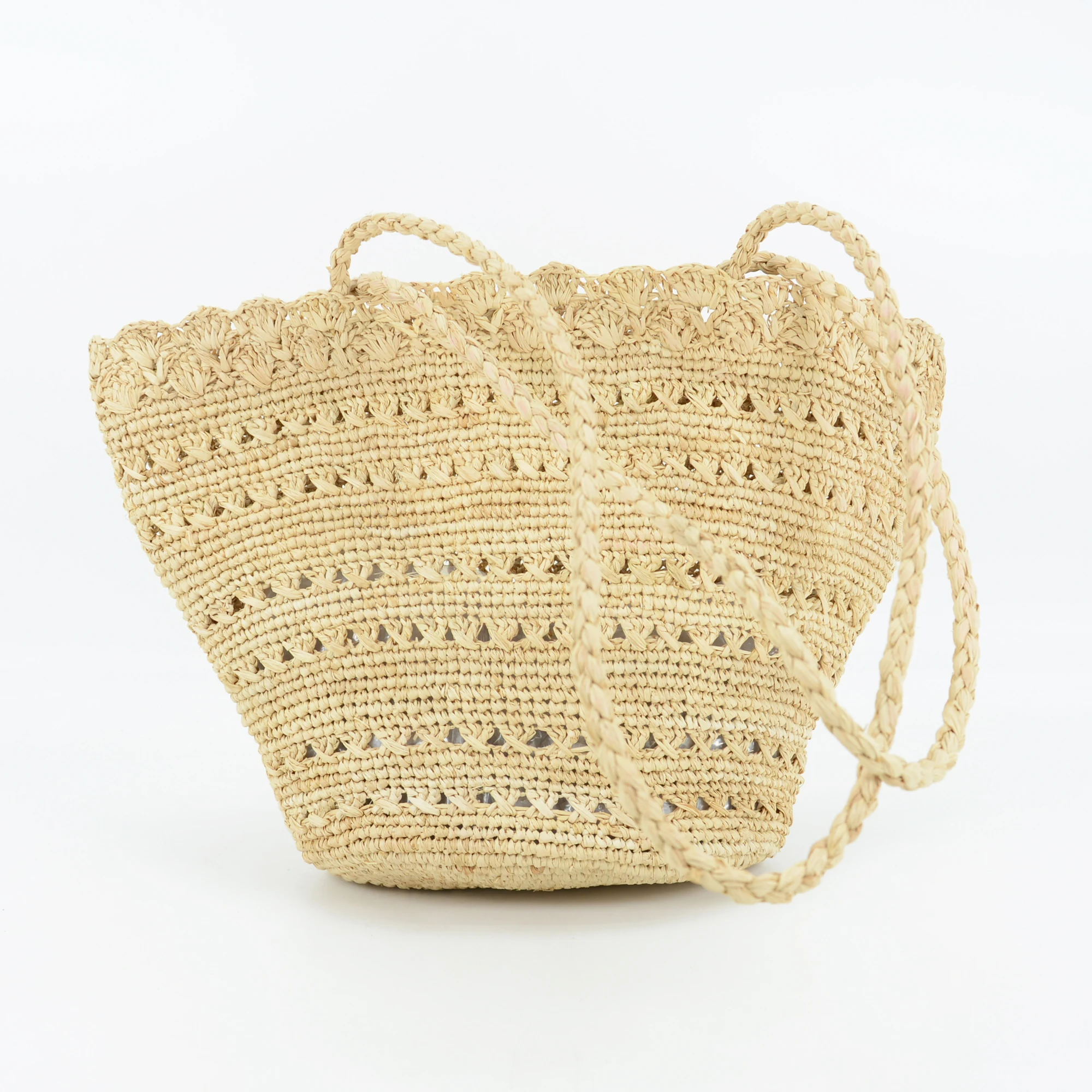 Handmade Crocheted Natural Raffia Shoulder Bag Hollow Out Design