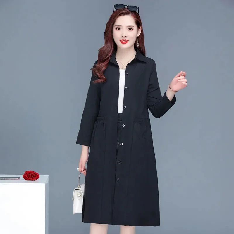 XL-5XL Middle Aged Women Trench Coat Spring Summer Mid-length Windbreaker Femme Fashion Thin Coat Red Black Khaki