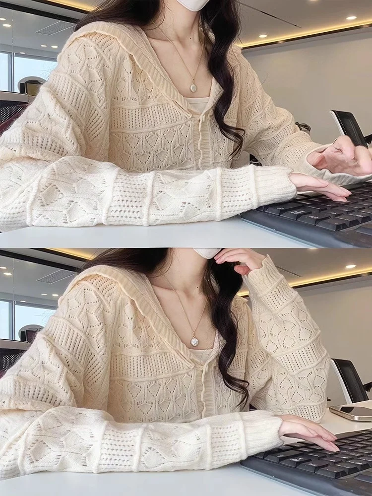 

Milk White Hollow out Knitted Cardigan Women's Spring New Style Chic Korean Loose Fit Long Sleeve Button up Short Length