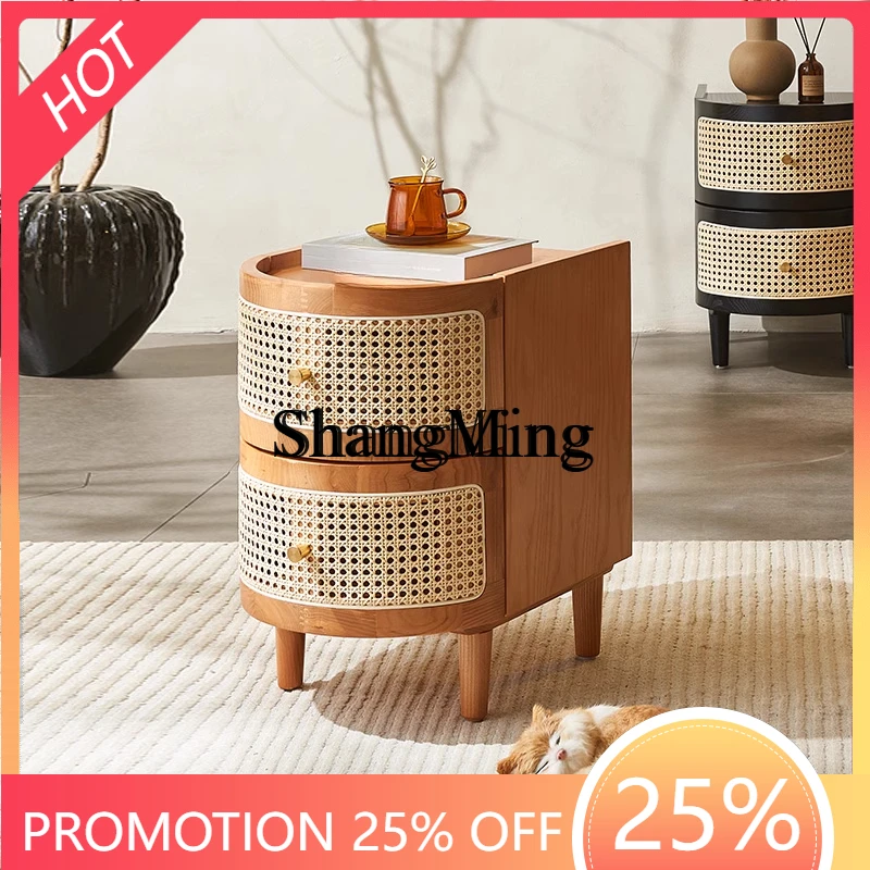 

SM's new household high value solid wood rattan bedside table simple wabi sand wind edge few small drawers storage cabinet