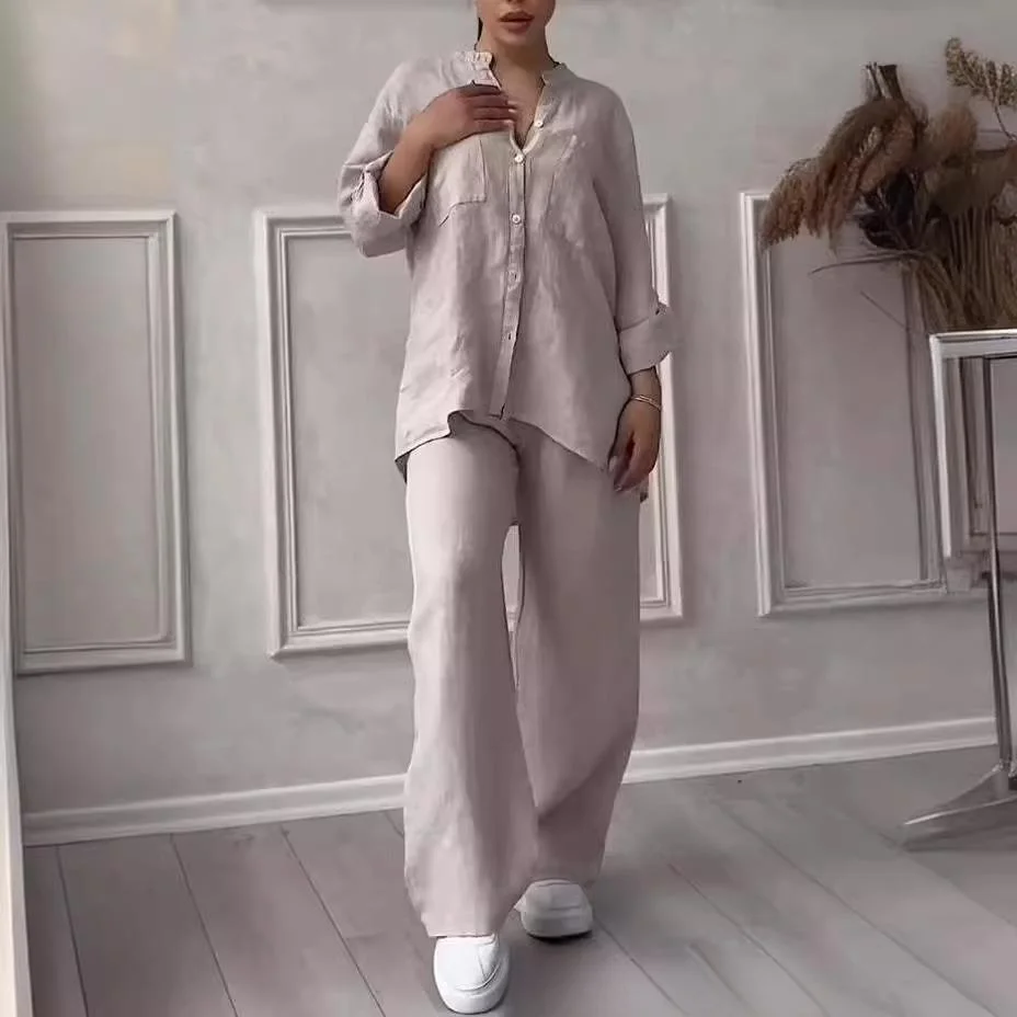 Conjunto de csa casual de aodão e linho de cor sólida com calça de perna larga com cordão, conjunto de moda verão 2024, ...