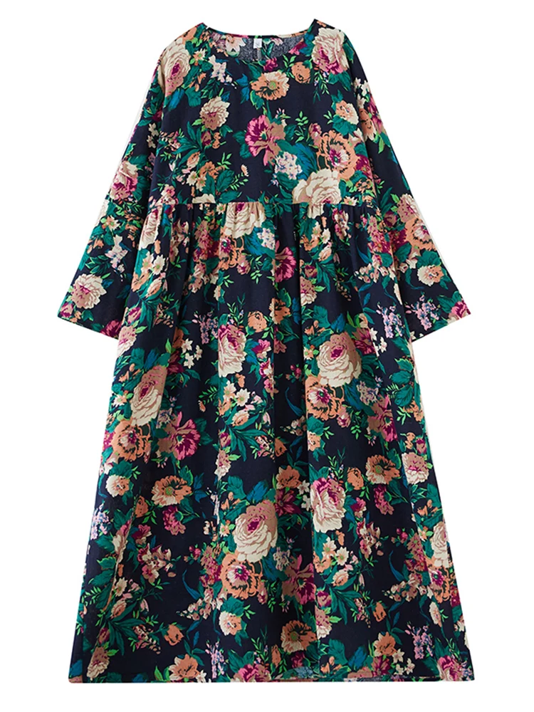 Oversize Cotton Long Sleeve Print Vintage Dresses For Women 2026 Spring Autumn Casual Loose Dress Femme Robe Elegant Clothing