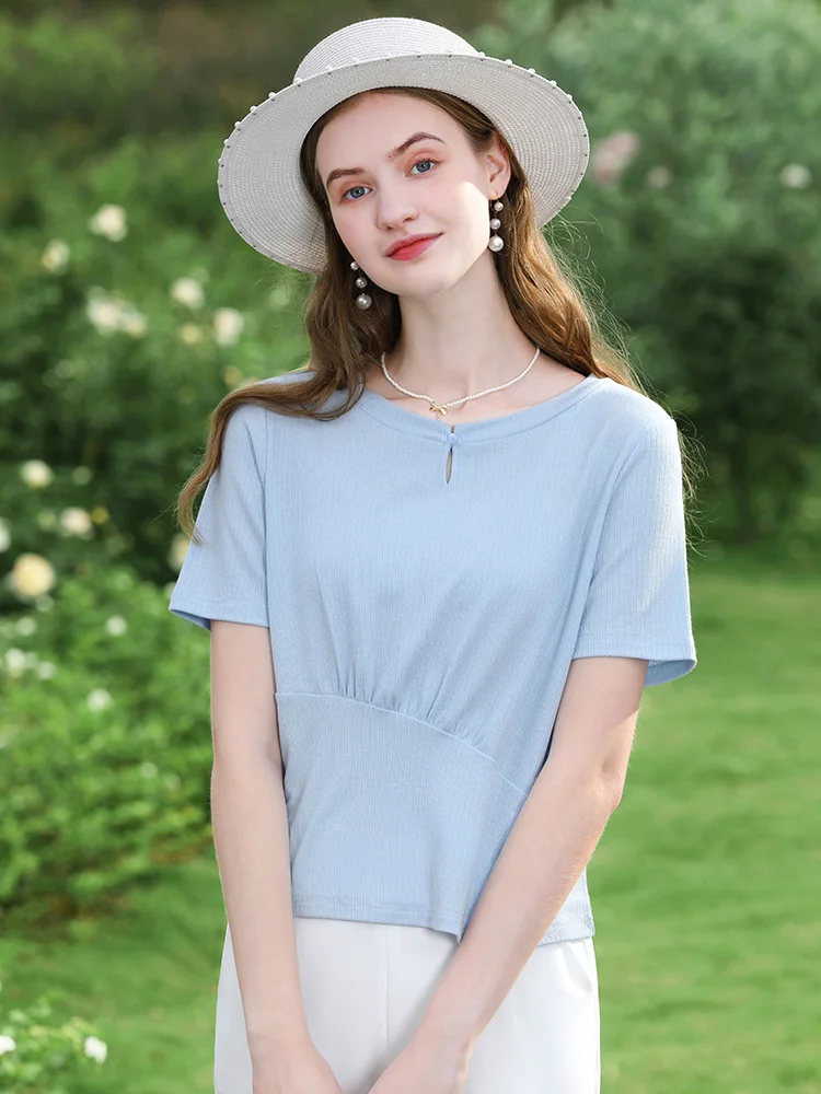 I BELIEVE YOU Blue Hollow Knit Short Sleeve Women\'s T-Shirts 2024 Summer New Waist Trendy Female Slim Chic Short Tops 2242015703