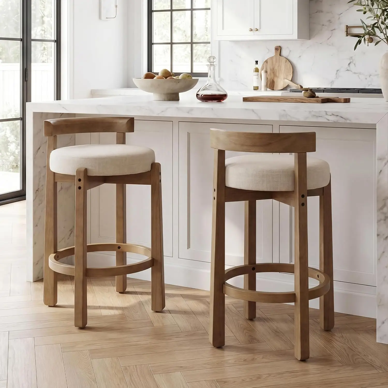 Mid-Century Bar Stools Set of 2, 26.5 Inch Linen Counter Height Barstools with Wooden Legs for Kitchen Dining, Customized
