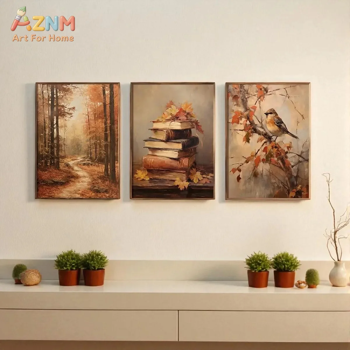 AZNM 3Pcs Vintage Autumn Canvas Wall Art, Fall Forest Old Books Bird Oil Painting Print Frameless Canvas Painting, Rustic