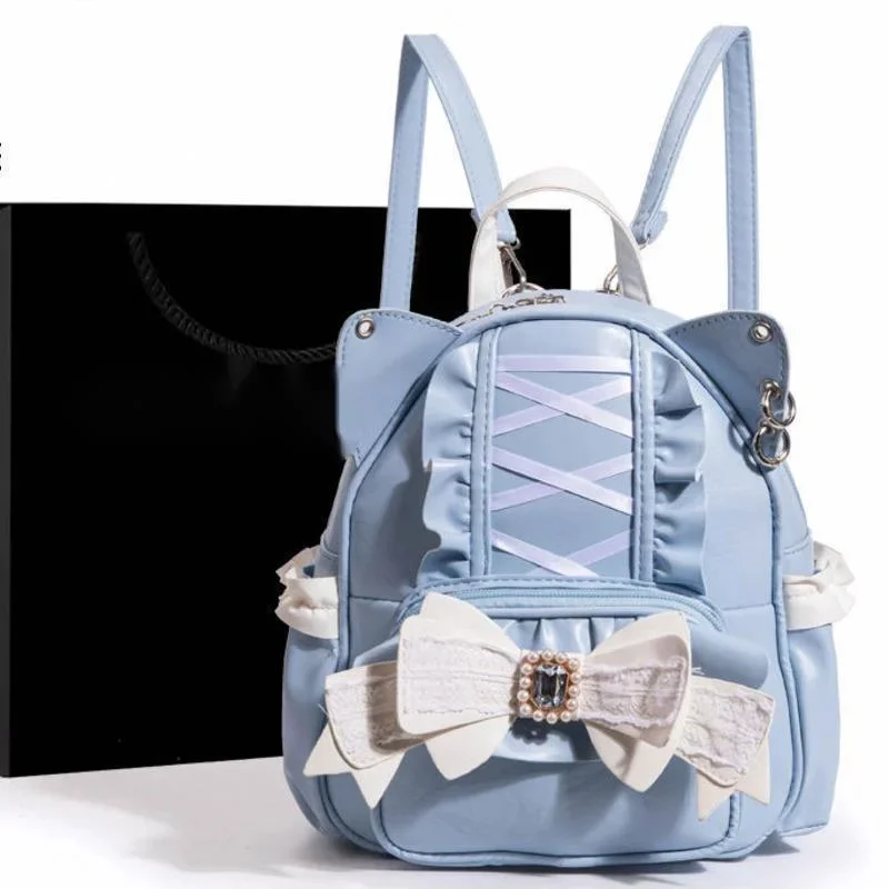 Bow Y2K Ribbon Backpack Itabag Japan PU Kawaii Mine Lace Cat Ear Backpack Zipper Student Waterproof Large Capacity Backpack New