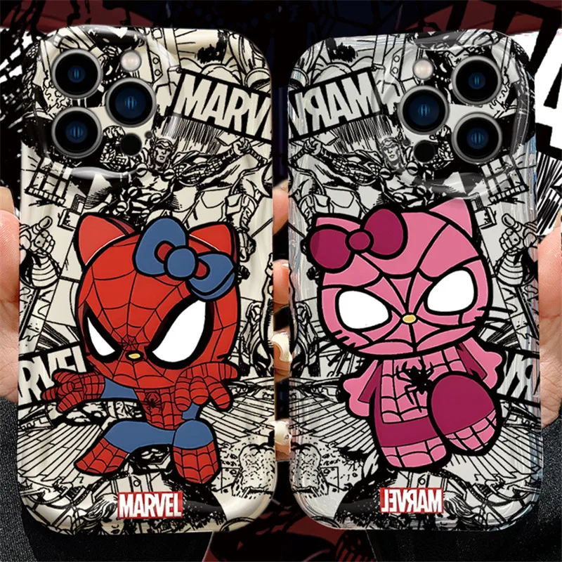 Spider Man Cute Hello Kitty Silicone Wave Phone Case For iPhone 15 14 13 12 11 Pro Max X XR XS 8 7 6 6S Plus SE 2020 Soft Funda