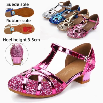 Recién llegado, zapatos de baile para niñas y niños con lentejuelas brillantes, salón de baile, Tango, Salsa latina, sandalias de princesa de tacón bajo con punta cerrada para niñas