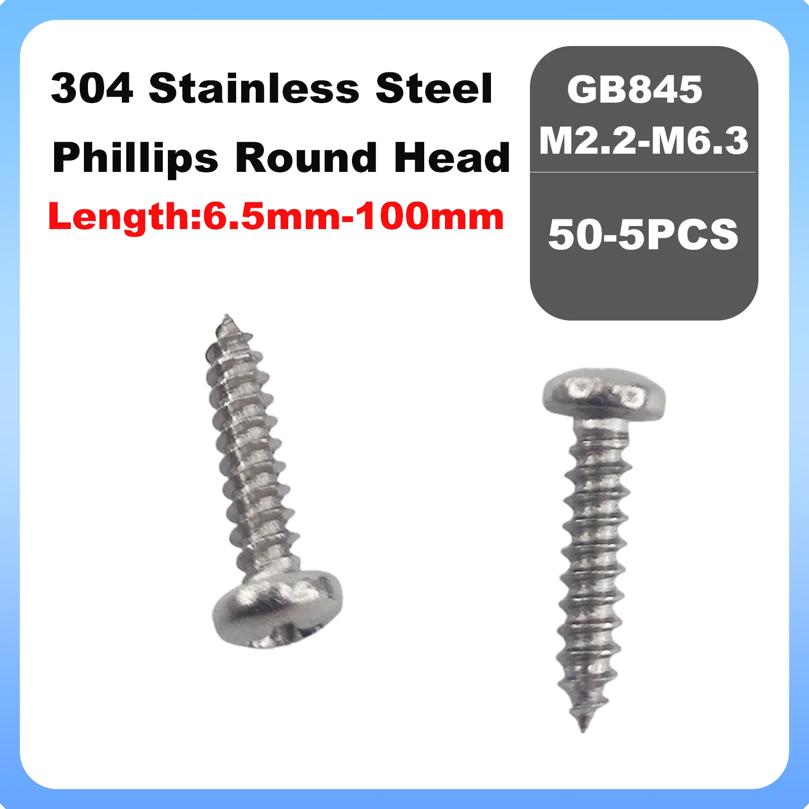 10/50Pcs M2.9 M3.5 M3.9 M4.2 M4.8 M5.5 M6.3 GB845 304 Stainless Steel Cross Phillips Pan Round Head Self Tapping Wood Screw