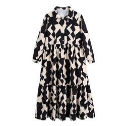 Female Dress Spring Summer New Geometric Print Turn-down Collar High Waist Patchwork Fashion Loose A-line Dress Female Clothing