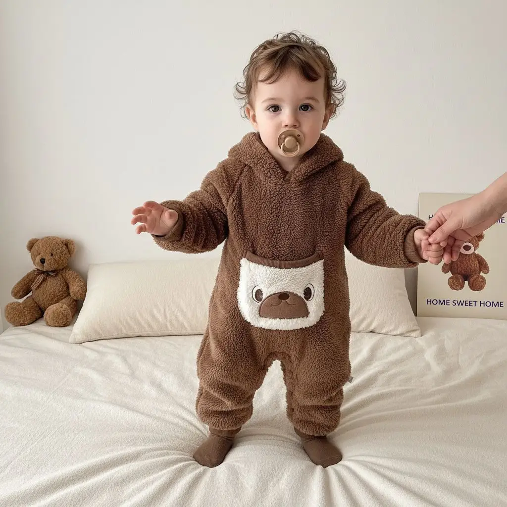 

2025 Korean Version of Children's Autumn and Winter Double-sided Velvet Warm Jumpsuit for Baby Boys and Girls, Hooded for Warmth