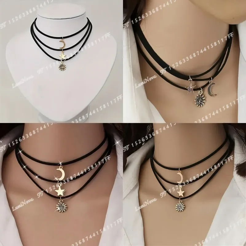 3pcs Elegant Retro Copper Planet Necklace Set Sun Moon Star Pendants Women Layered Jewelry Daily Party Wear All Season