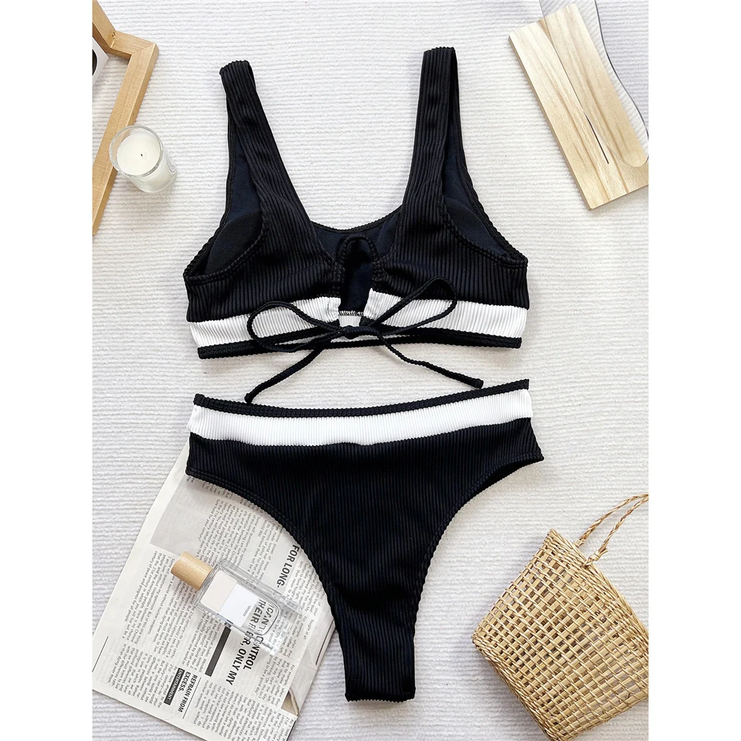 Gestreifter, hoch geschnittener Damen-Badeanzug, zweiteiliger Bikini mit hoher Taille, Bikini-Badeanzug, Damen-Badebekleidung, Bather Swim V5944 – Detail 11