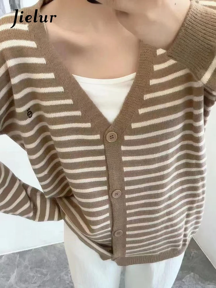 Jielur Autumn New Korean Simple Women Cardigan Slim V-neck Striped Knitted Cardigan Woman Apricot Khaki Black Grey Chic Sweaters