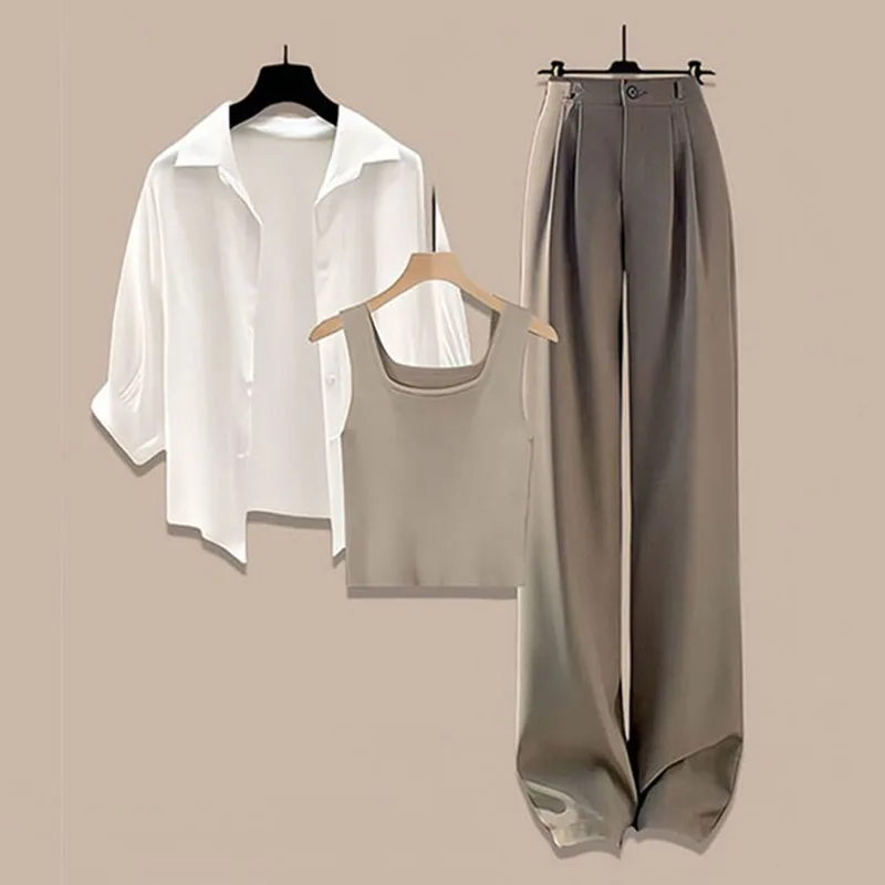 Sunscreen Shirt Spring and Summer Set for Women 2024 New High-end Style Suit Wide Leg Pants Three Piece Set Clothes for Women
