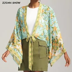 2023 BOHO Women Green Fruit Lemon Print Kimono Shirt Batwing Sleeve V-Neck Lacing Up Bow Tide Cardigan Summer Beach Cape Shawls