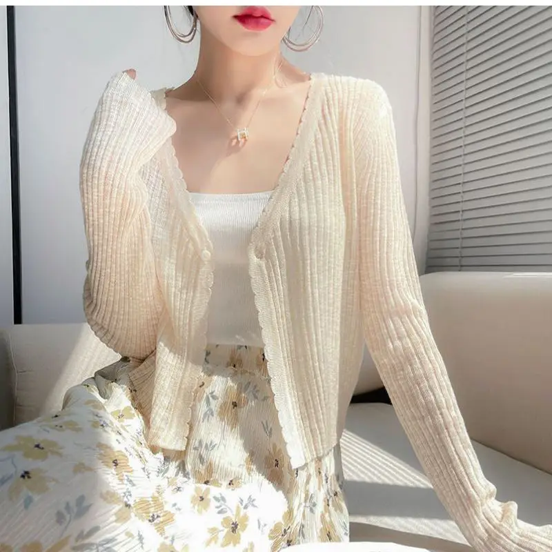 Knitted Cardigan Women's Niche Breathable Sun Protection Shirt Outer Top with Camisole Skirt Small Shawl Short Jacket