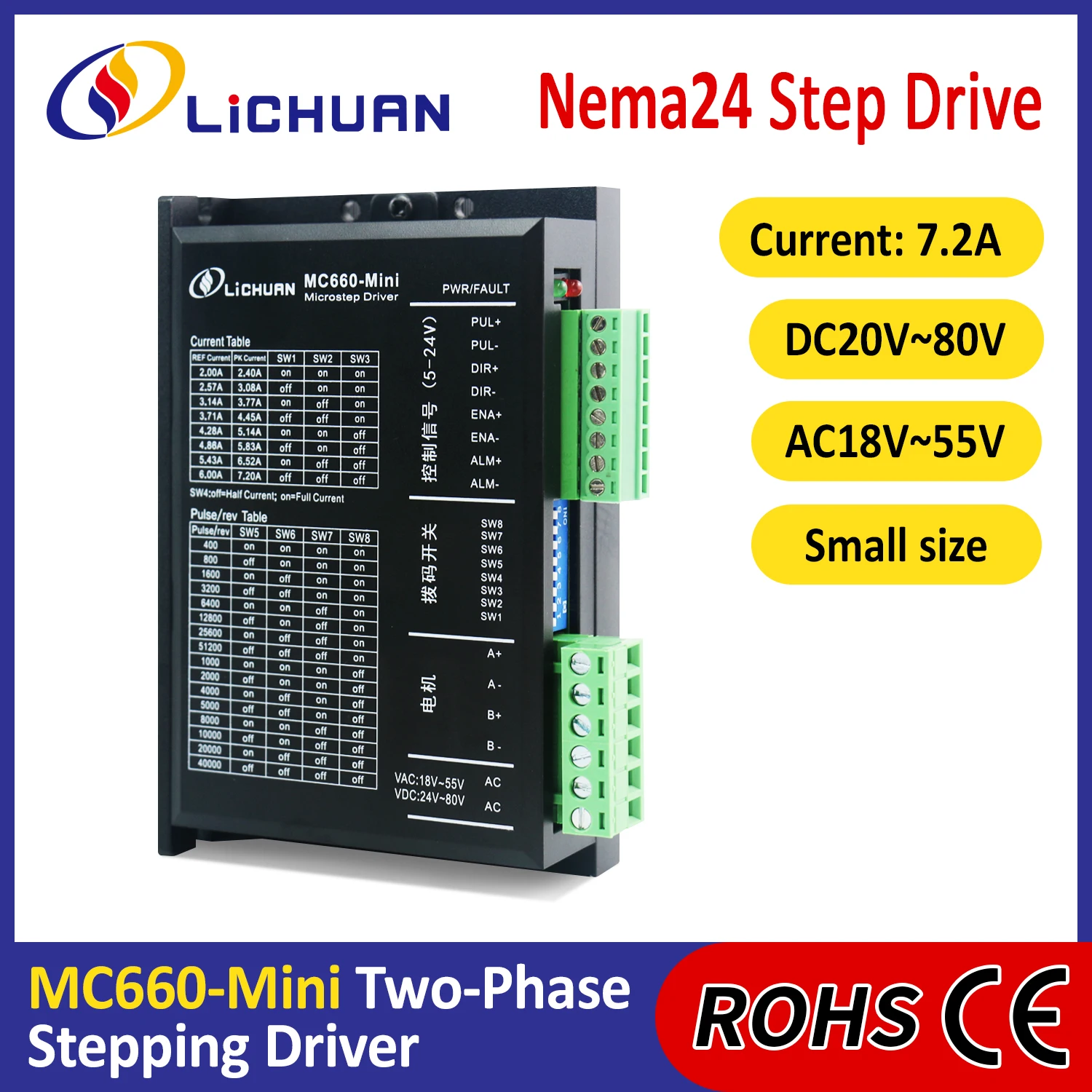 

Lichuan 2 Phase Nema24 Stepper Driver DC24V～80V/AC18V～55V 7.2A 400～51200ppr Open Loop Stepper Motors Drivers for Robot&Laser