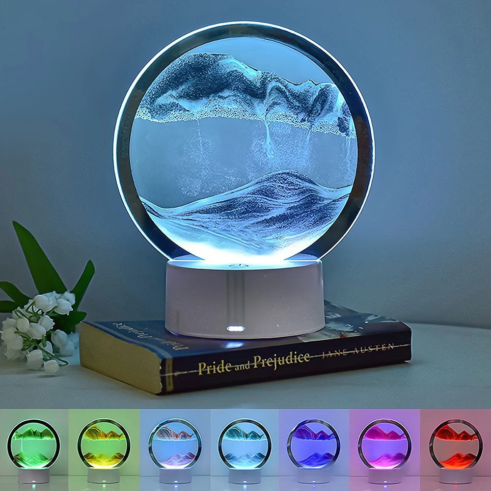 LED Quicksand Light Painted 6-color Table Lamp 3D Trend Moving Art Circular Glass Hourglass Bedside Home Decoration Nightlight