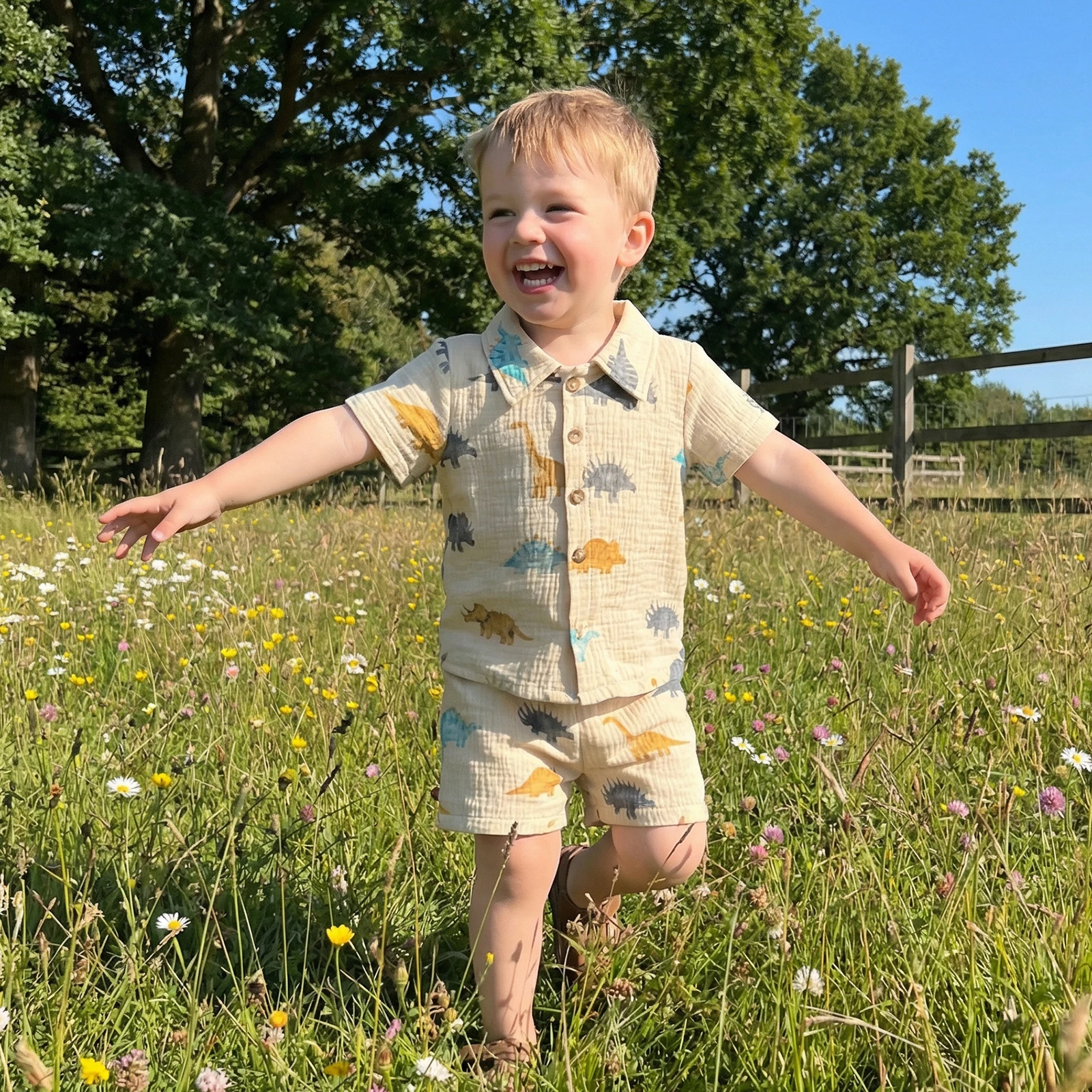 Kids Baby Boy Summer Shorts 2Pcs Set Lapel Short Sleeve Single-breasted Dinosaur Print Shirt and Shorts Casual Outfit