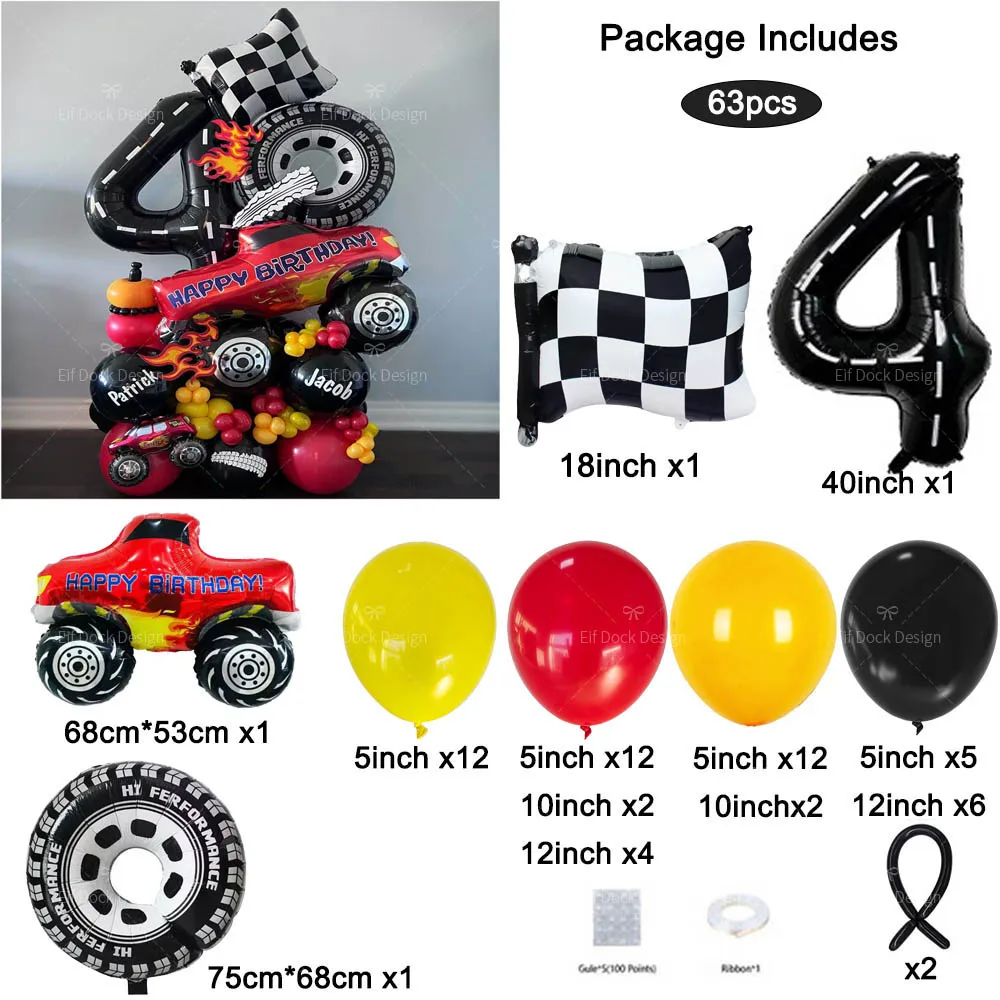 1Set Big Monster Truck Tire Flag Balloon Car Themed Birthday Foil Balloon Dump Truck Helium Balloon Boy Birthday Party Decoratio view 5
