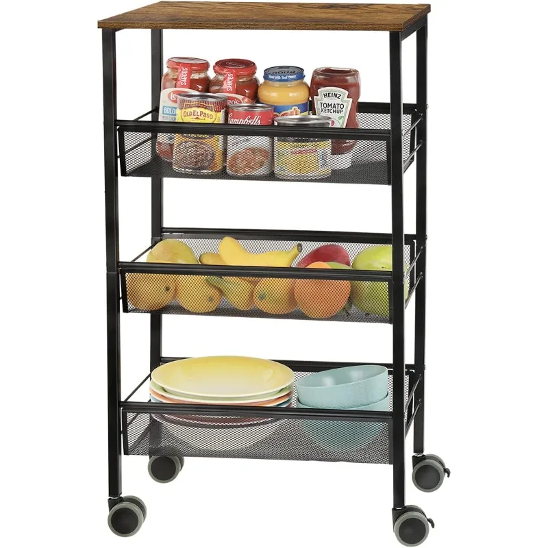 

Kitchen Storage Rolling Cart, 4-Tier Kitchen Island Cart on Wheels with Wooden Shelves, Lockable Utility Cart with Mesh