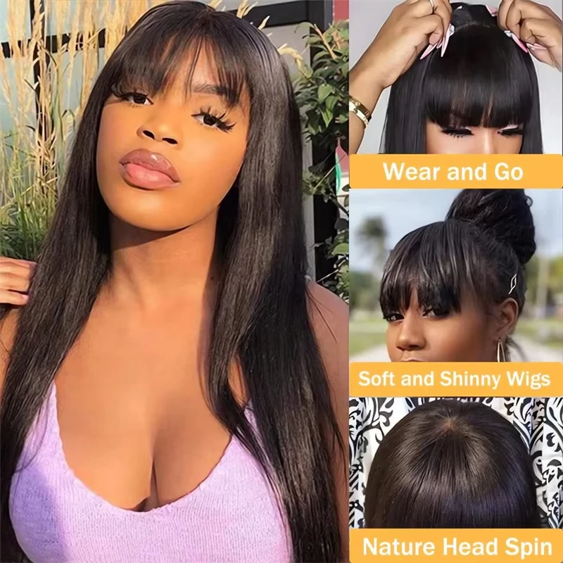 Full Machine Made Bone Straight Human Hair Wig With Bangs 220 Density 30 Inch Brazilian 3x1 Middle Part Wig Human Hair Natural Baby Hair image 2