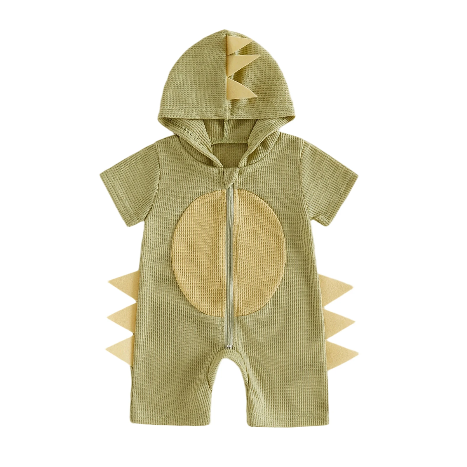 

Infant Baby Boy Romper Summer Hooded Short Sleeve Waffle Knit Contrast Color Dinosaur Jumpsuit