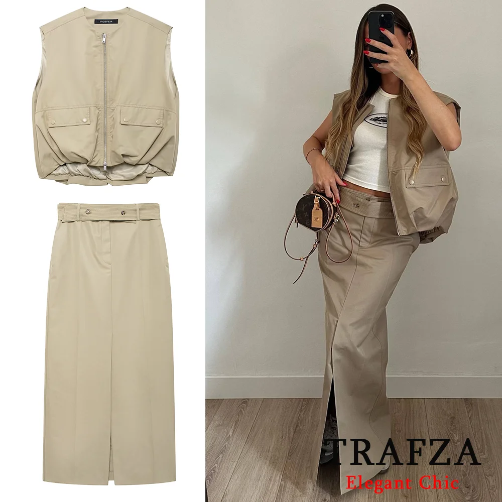 TRAFZA Fashion Spring Autumn Casual Solid Vest and Skirts Suit Pleated Pocket Vest and Straight Belt Long Skirt Commuter Suit